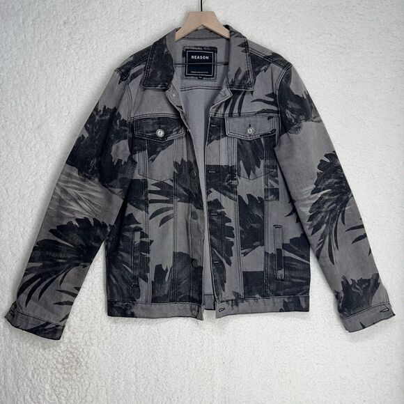 Reason Men’s Wings Denim Jacket Gray/Black Size XXL Casual Going Out